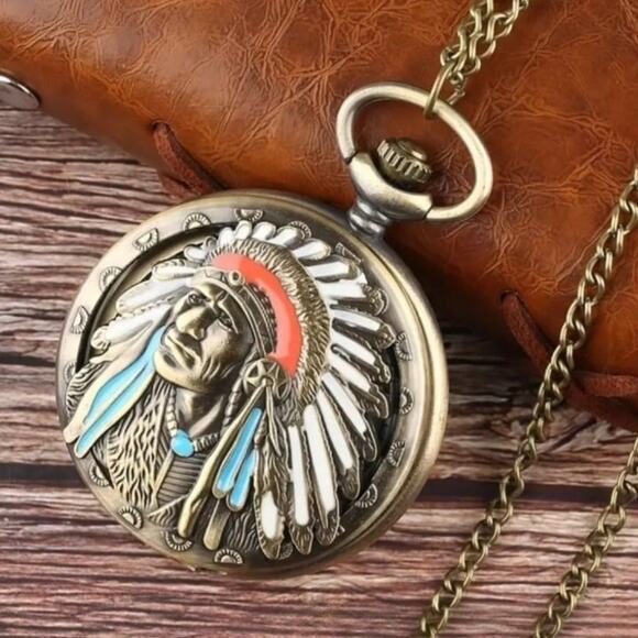 Native American Pocket Watch Gold Indian Chief Turquoise Christmas Birthday Gift - Picture 5 of 6